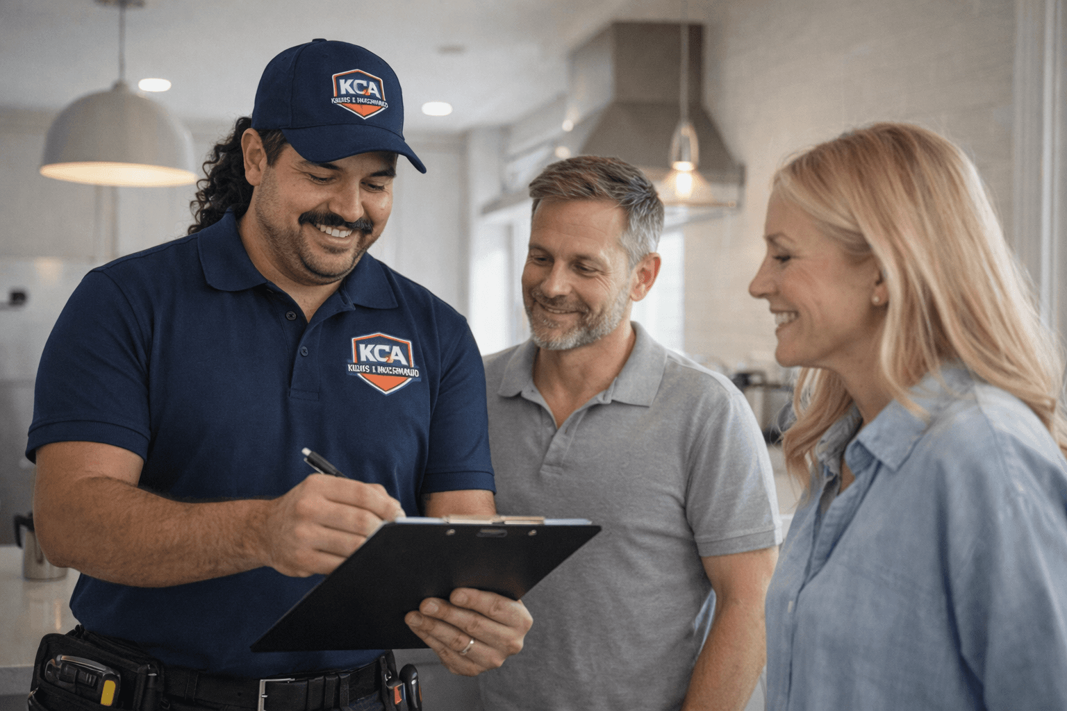 Vakman bespreekt de klus met klanten in huis