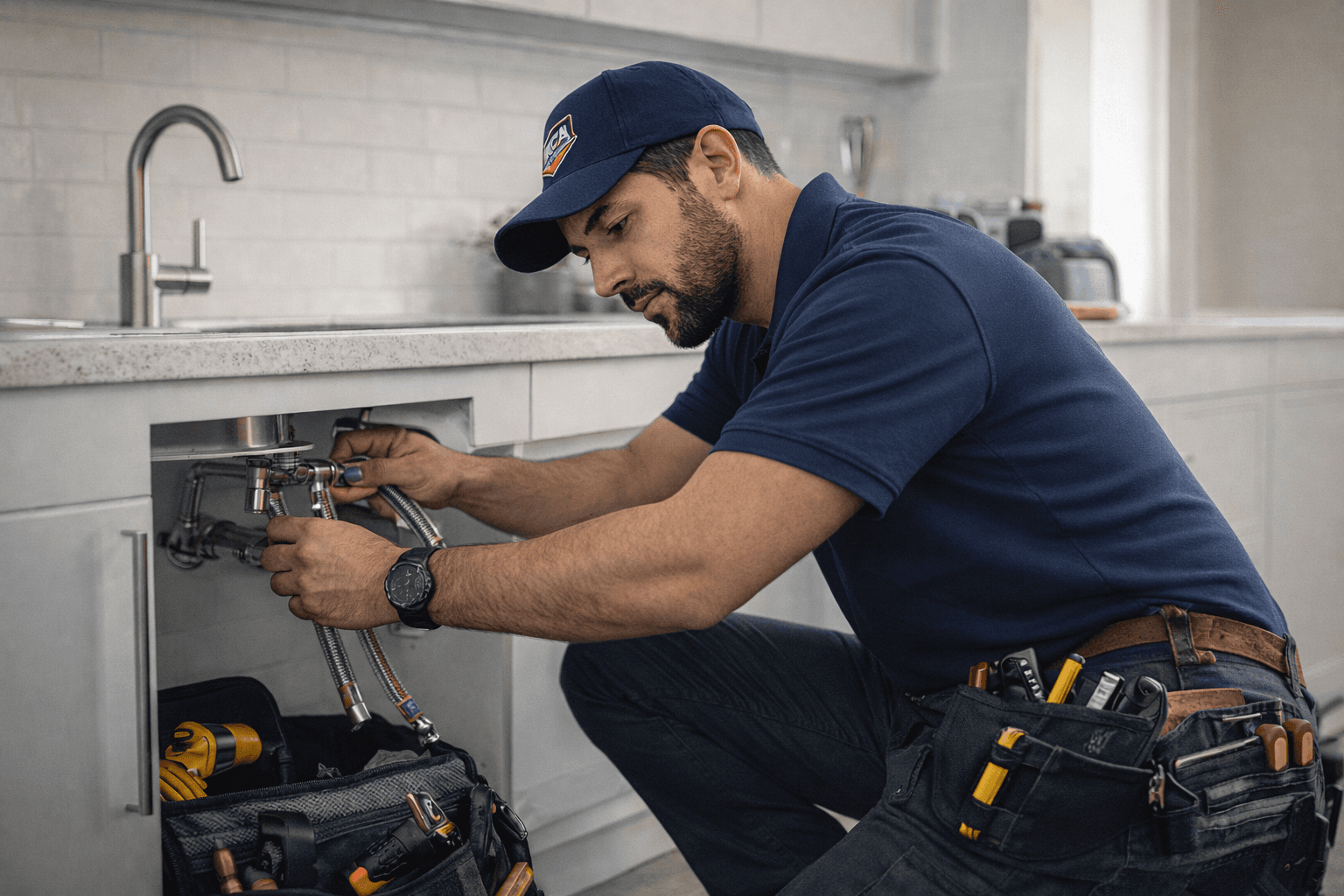 Vakman werkt aan een kraan en leidingen in een moderne keuken