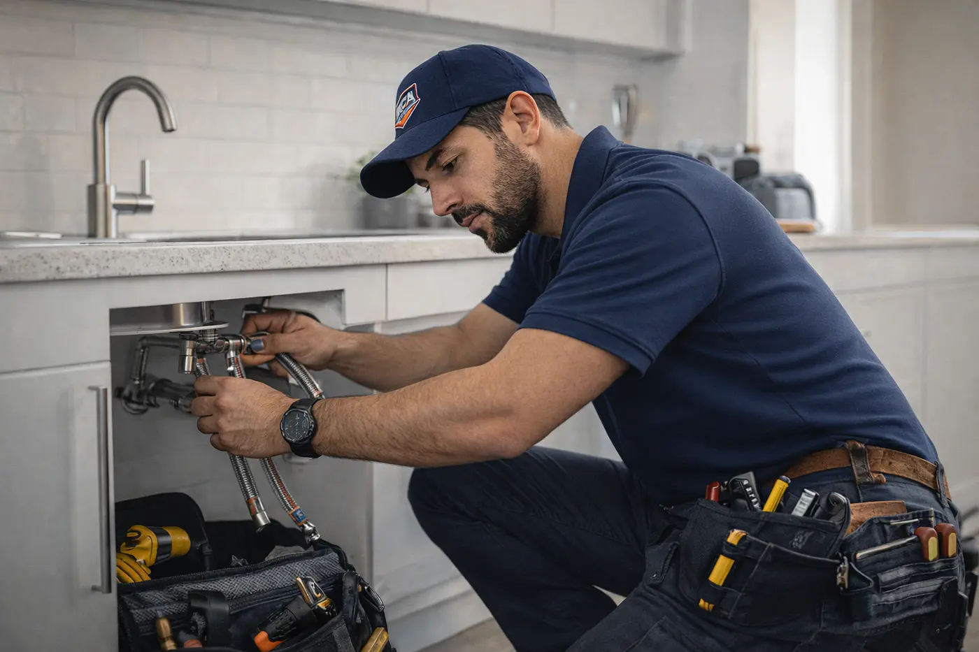 Vakman werkt aan een kraan en leidingen in een moderne keuken
