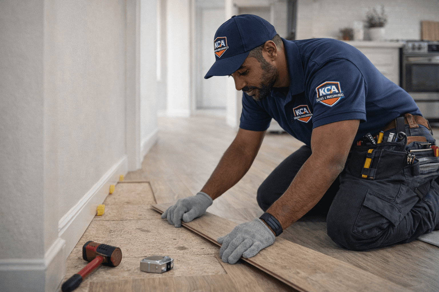 Vakman legt nauwkeurig laminaat in een woning