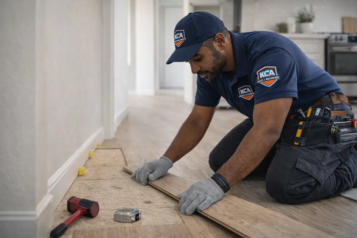Vakman legt nauwkeurig laminaat in een woning