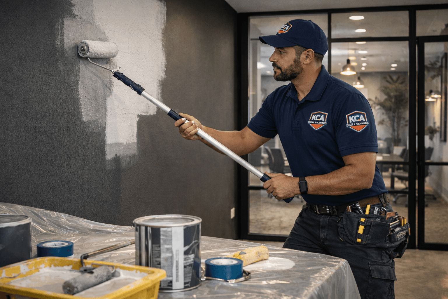 Vakman werkt aan de afwerking van een wand in een nette binnenruimte